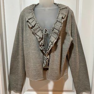 PURE/DKNY Heather Grey Merino Wool Front Tie Ruffled Sweater